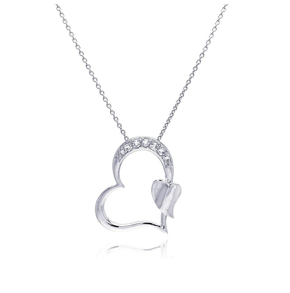 .925 Sterling Silver Rhodium Plated Clear Cz Heart Pendant Necklace