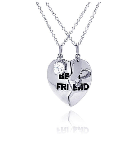 .925 Sterling Silver Rhodium Plated Clear Cz Best Friend Heart Pendant Necklace