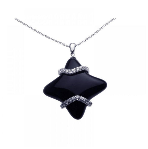 .925 Sterling Silver Rhodium Plated Clear Cz Black Star Pendant Necklace