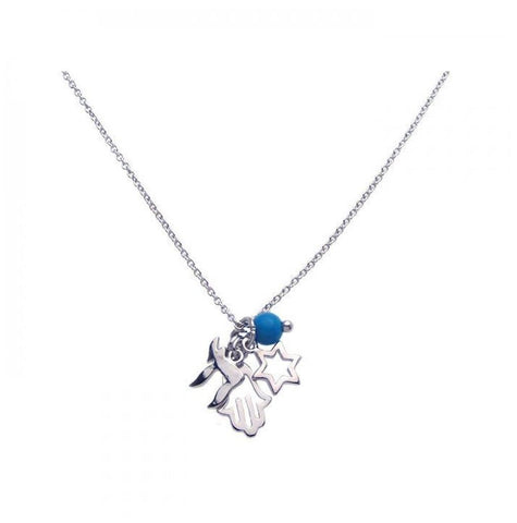 .925 Sterling Silver Rhodium Plated Clear Cz Hamsa Star Blue Bead Pendant Necklace