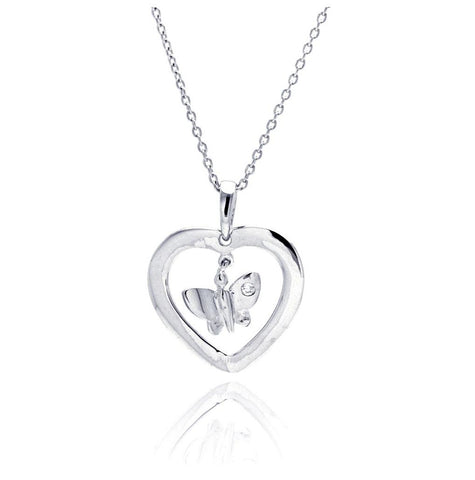 .925 Sterling Silver Rhodium Plated Clear Cz Butterfly Heart Pendant Necklace