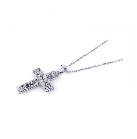 .925 Sterling Silver Rhodium Plated Clear Cz Cross Pendant Necklace