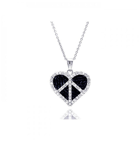 .925 Sterling Silver Rhodium & Black Rhodium Plated Clear & Black Cz Heart Pendant Necklace