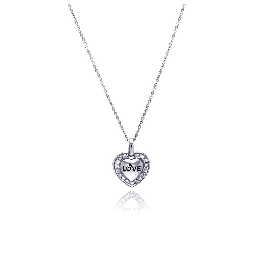 .925 Sterling Silver Rhodium Plated Clear Cz Love Heart Pendant Necklace