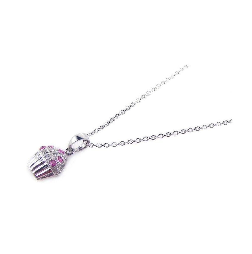 .925 Sterling Silver Rhodium Plated Clear & Pink Cz Cupcake Pendant Necklace