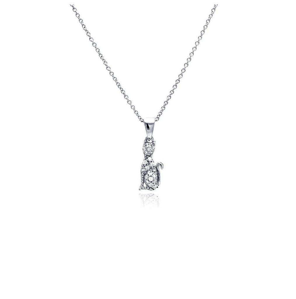 .925 Sterling Silver Rhodium Plated Clear Cz Cat Pendant Necklace