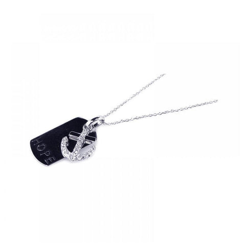 .925 Sterling Silver Rhodium Plated Clear Cz Anchor Black Dogtag Pendant Necklace