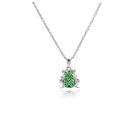 .925 Sterling Silver Rhodium Plated Green Cz Frog Pendant Necklace