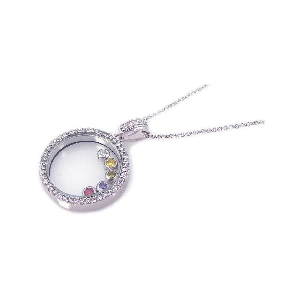 .925 Sterling Silver Rhodium Plated Clear Cz Colorful Circle Pendant Necklace