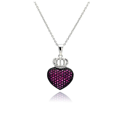 .925 Sterling Silver Rhodium Plated Pink Cz Heart Crown Pendant Necklace