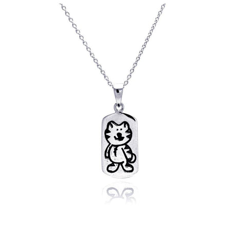 .925 Sterling Silver Rhodium Plated Kitty Dogtag Pendant Necklace