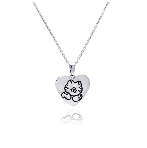 .925 Sterling Silver Rhodium Plated Kitty Heart Pendant Necklace