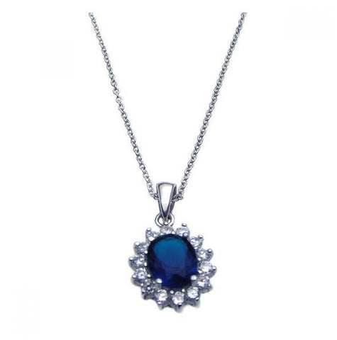 .925 Sterling Silver Rhodium Plated Blue Cz Cluster Pendant Necklace