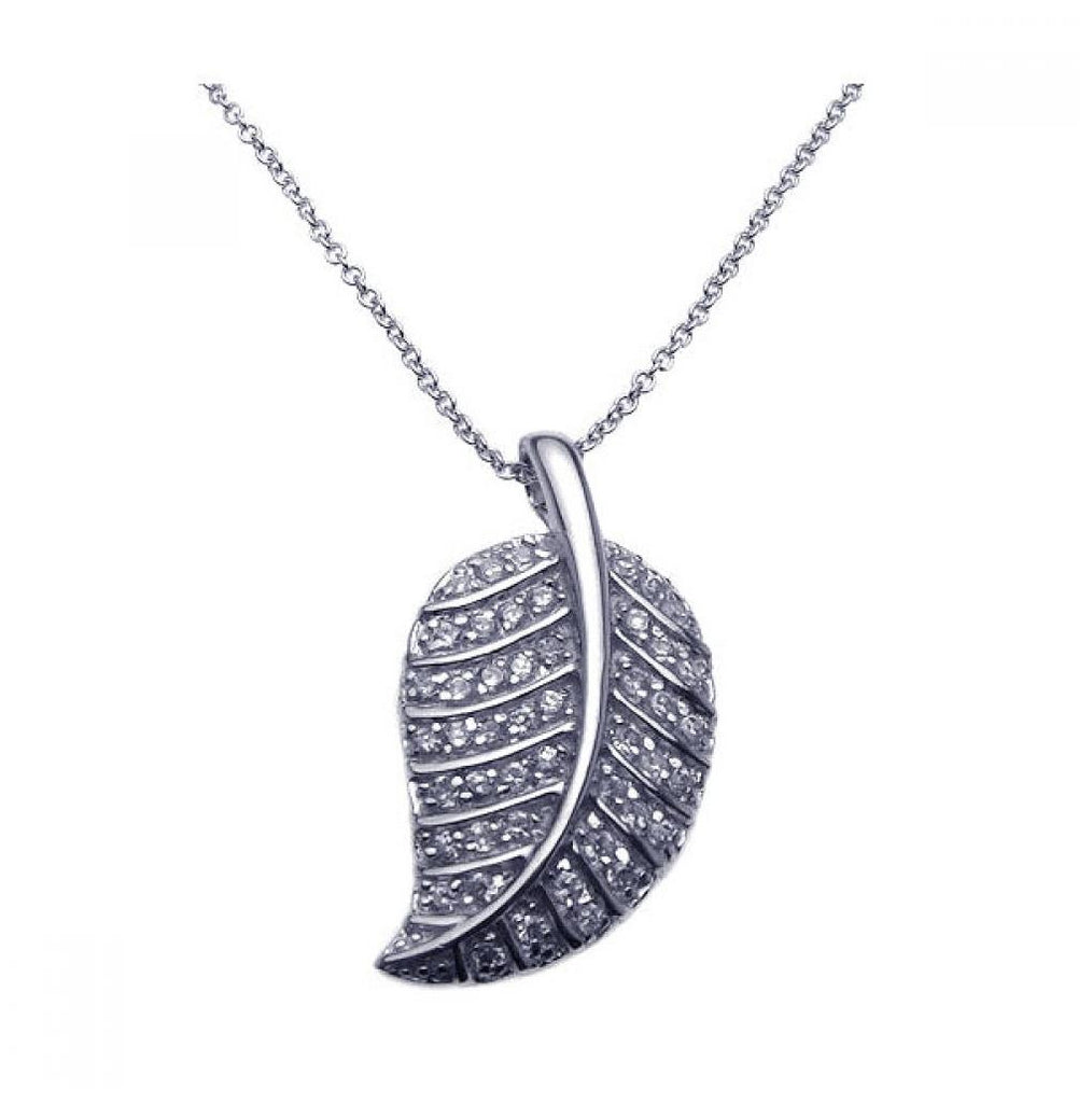 .925 Sterling Silver Rhodium Plated Clear Cz Leaf Pendant Necklace