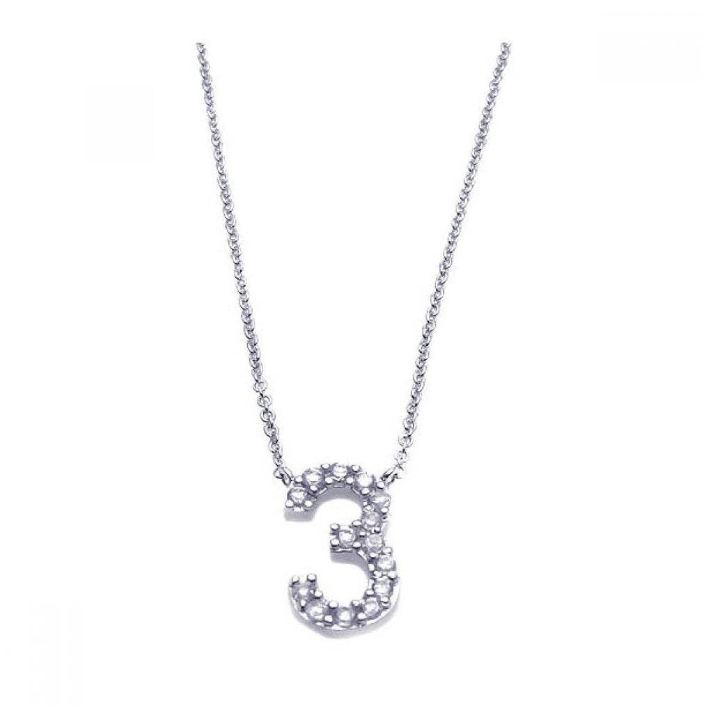 .925 Sterling Silver Rhodium Plated Clear Cz Number 3 Pendant Necklace