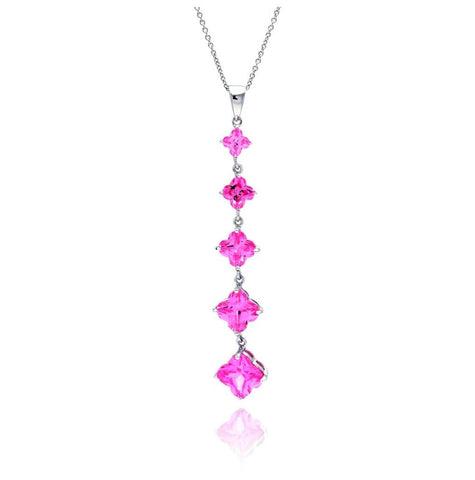 .925 Sterling Silver Rhodium Plated Pink Cz Hanging Pendant Necklace