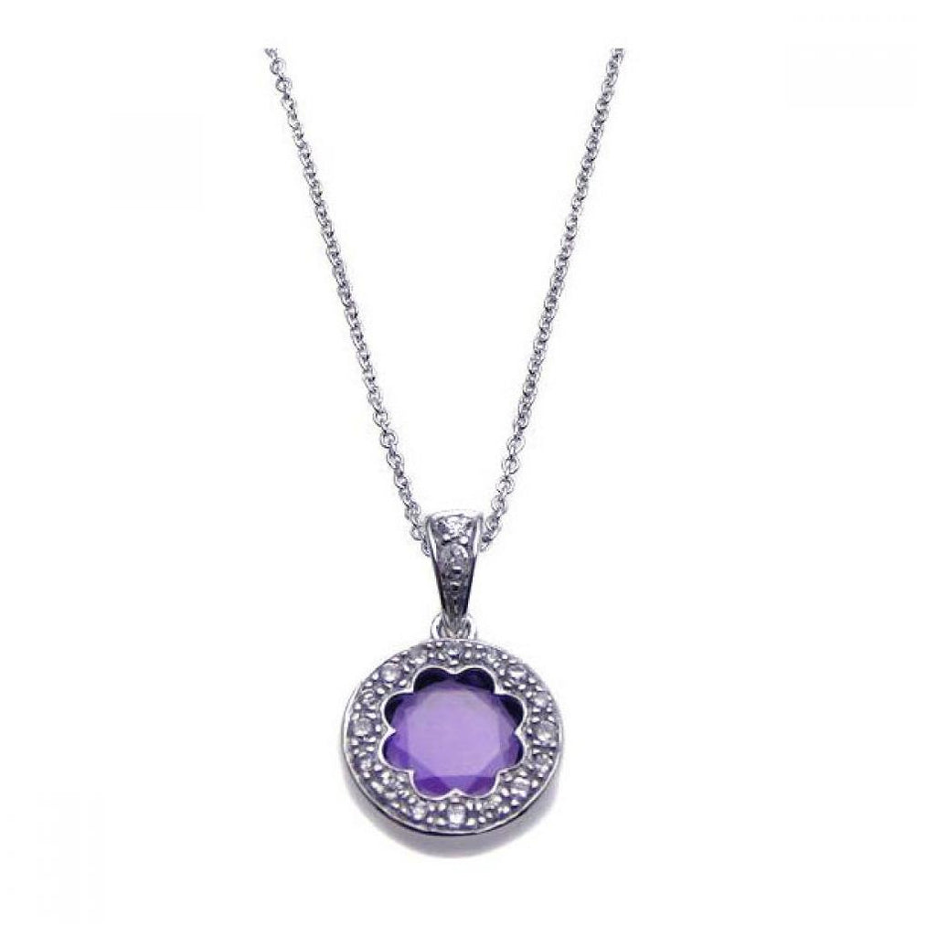 .925 Sterling Silver Rhodium Plated Clear & Purple Cz Cluster Pendant Necklace