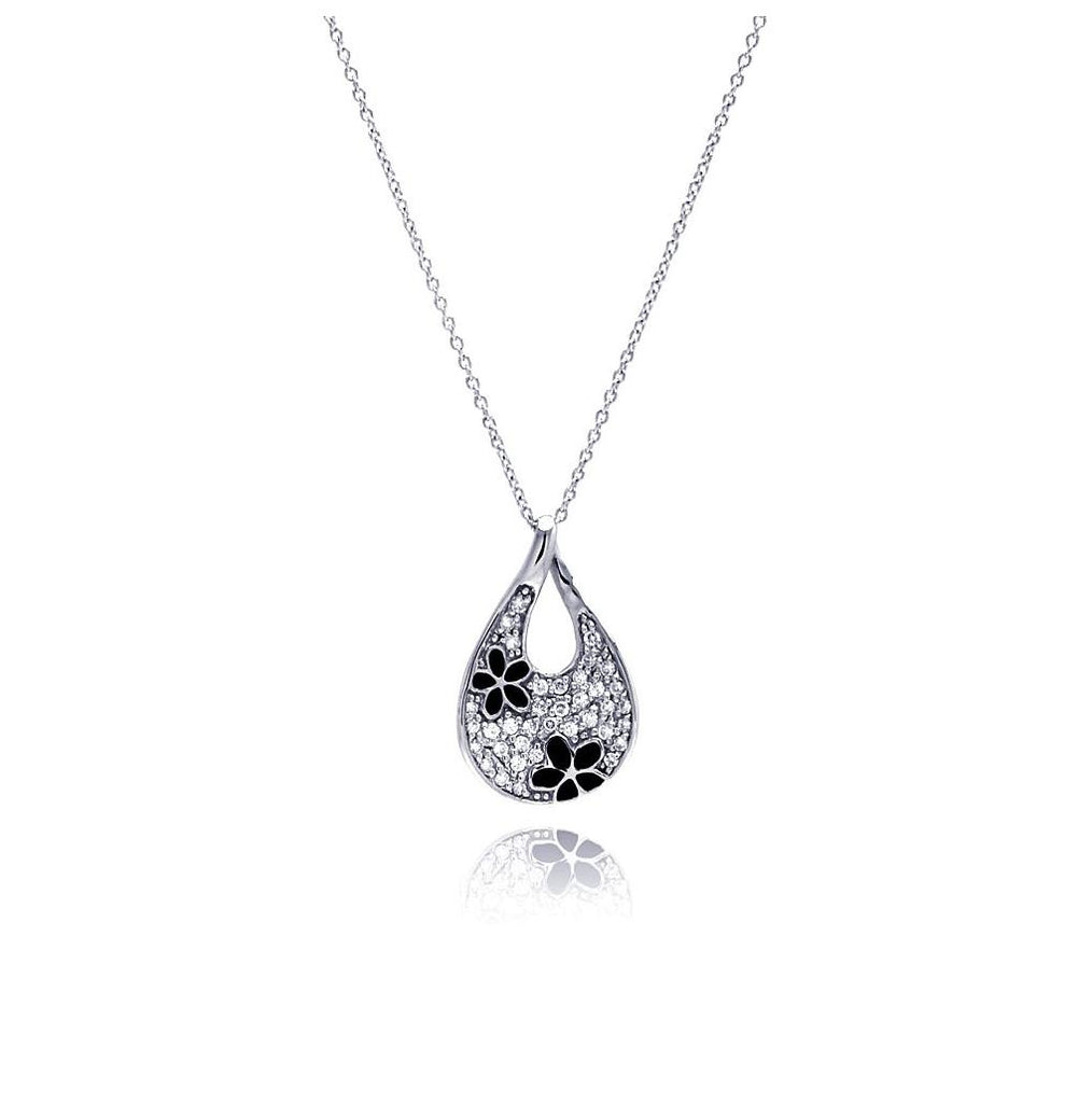 .925 Sterling Silver Rhodium Plated Clear & Black Cz Drop Flower Pendant Necklace