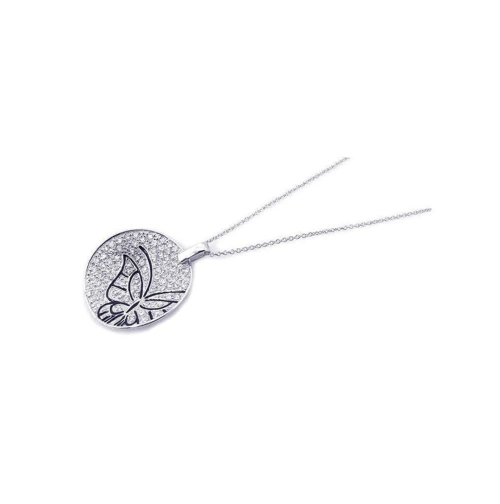 .925 Sterling Silver Rhodium Plated Clear Cz Butterfly Round Pendant Necklace