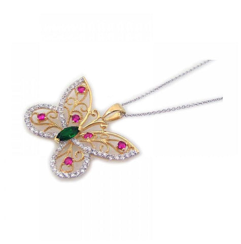 .925 Sterling Silver Gold Plated Clear & Pink Cz Butterfly Pendant Necklace