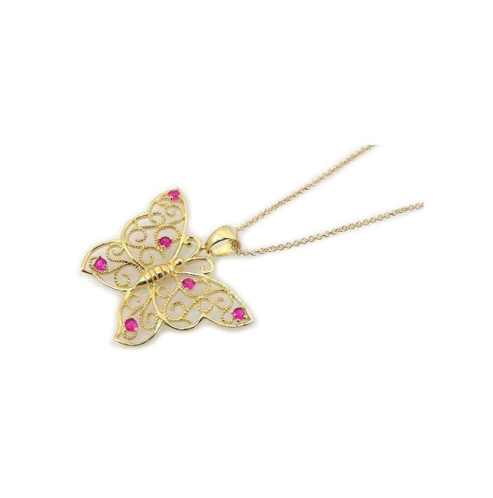 .925 Sterling Silver Gold Plated Pink Cz Butterfly Pendant Necklace