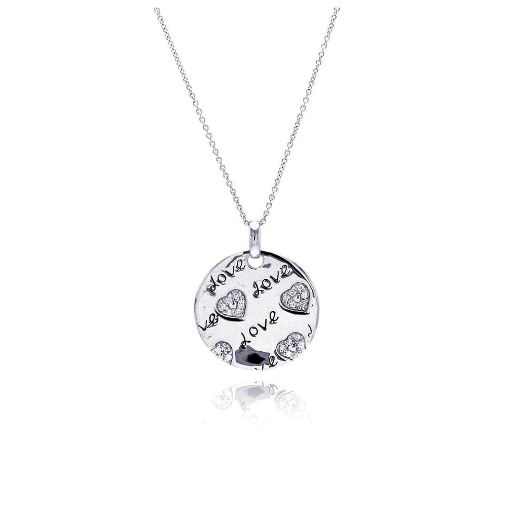 .925 Sterling Silver Rhodium Plated Clear Cz Love Heart Round Pendant Necklace