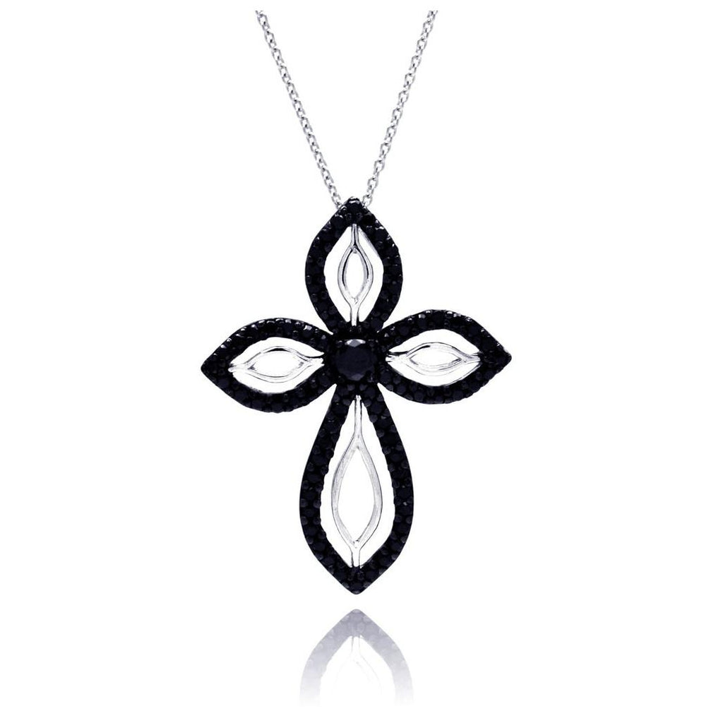 .925 Sterling Silver Rhodium & Black Rhodium Plated Clear & Black Cz Cross Pendant Necklace