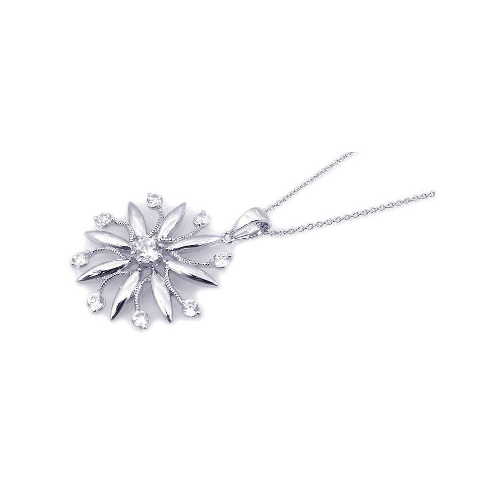 .925 Sterling Silver Rhodium Plated Clear Cz Flower Pendant Necklace