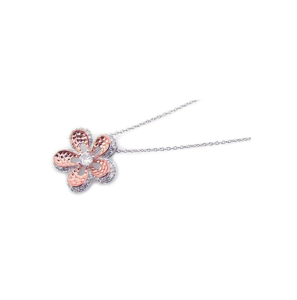 .925 Sterling Silver Rhodium Plated Pink Cz Flower Pendant Necklace