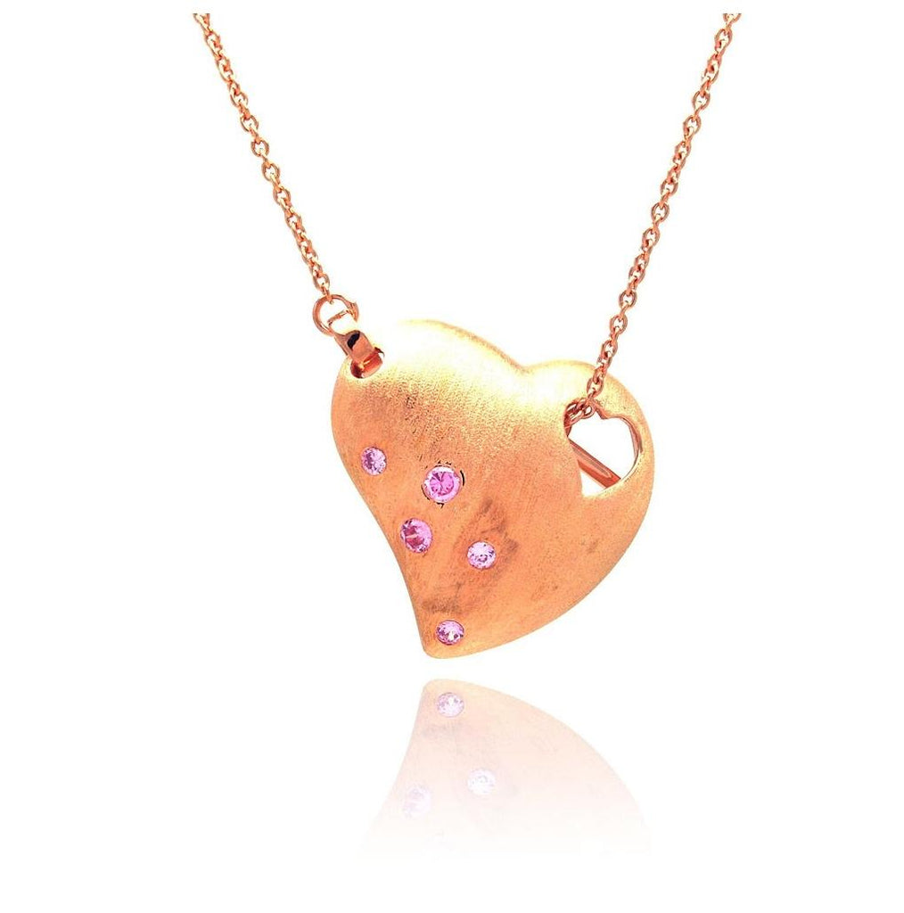 .925 Sterling Silver Rose Gold Plated Clear Cz Heart Pendant Necklace