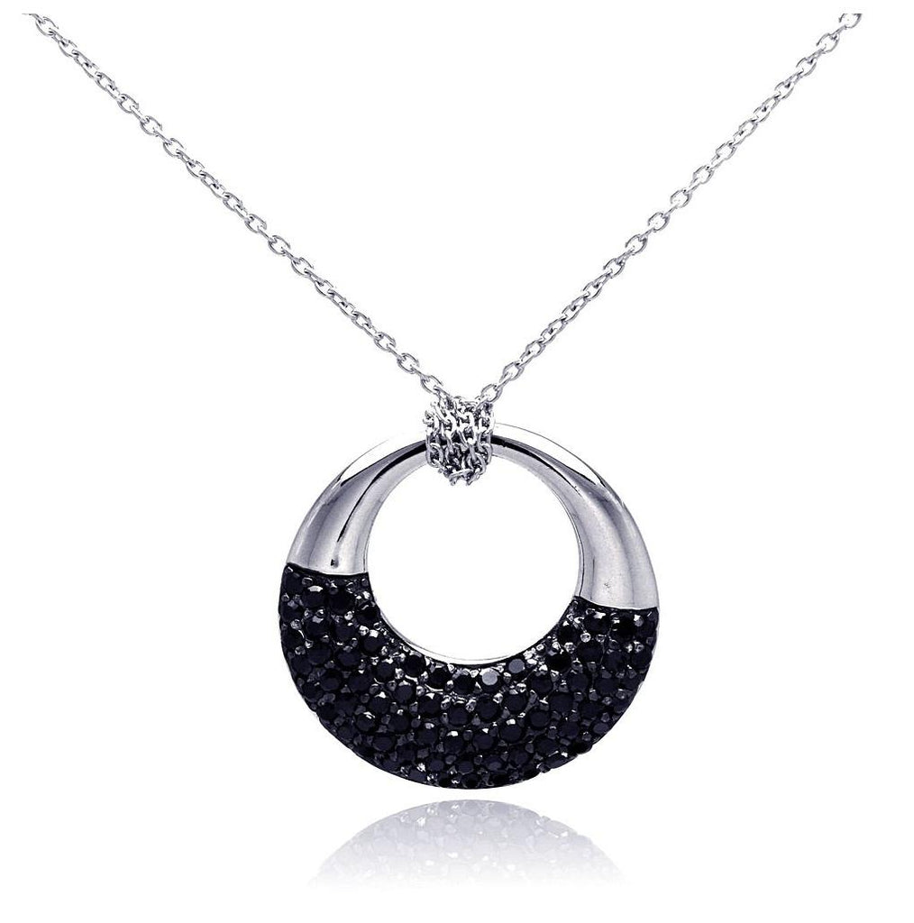 .925 Sterling Silver Rhodium & Black Rhodium Plated Black Cz Ring Pendant Necklace