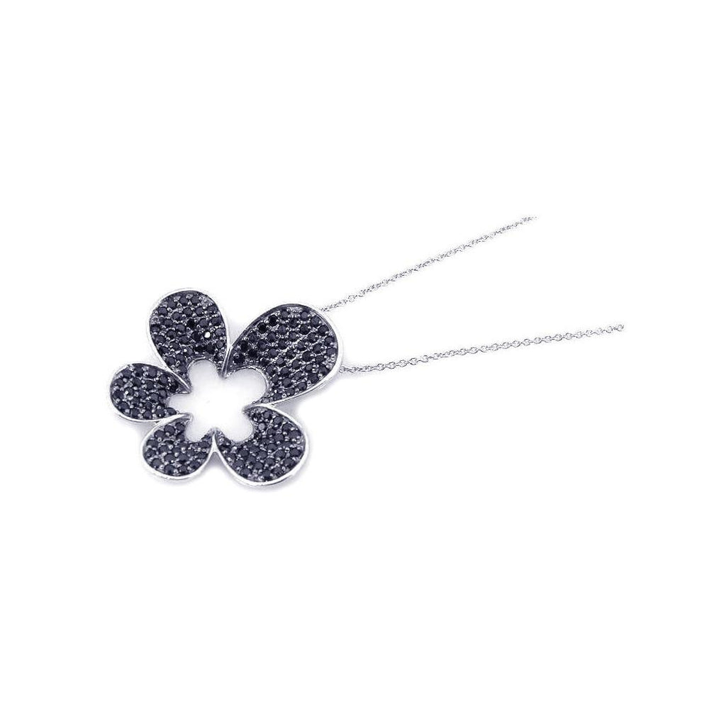 .925 Sterling Silver Rhodium Plated Black Cz Flower Pendant Necklace