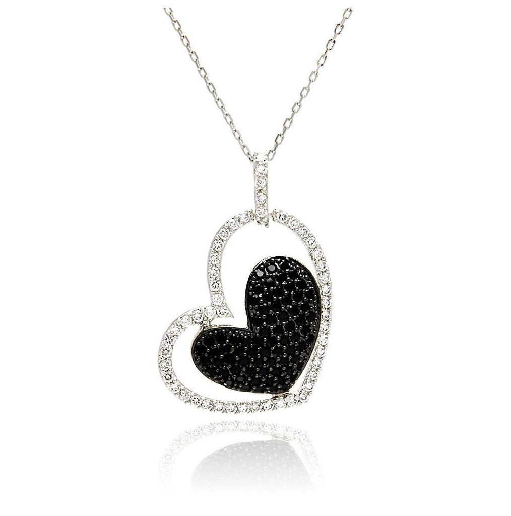 .925 Sterling Silver Rhodium & Black Rhodium Plated Clear & Black Cz Heart Pendant Necklace