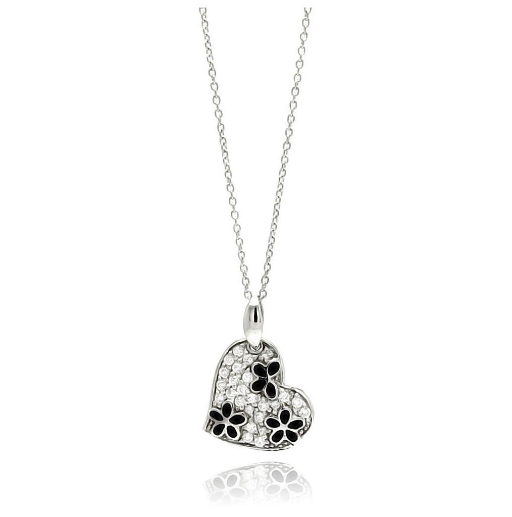 .925 Sterling Silver Rhodium Plated Clear & Black Cz Flower Heart Pendant Necklace