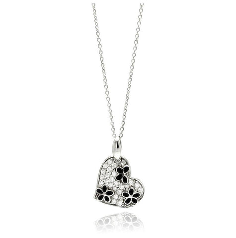 .925 Sterling Silver Rhodium Plated Clear & Black Cz Flower Heart Pendant Necklace