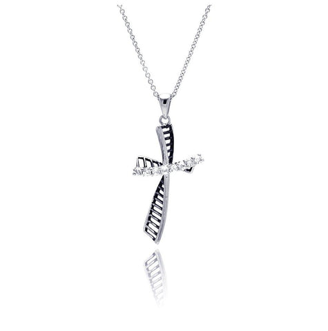 .925 Sterling Silver Rhodium Plated Clear Cz Cross Pendant Necklace