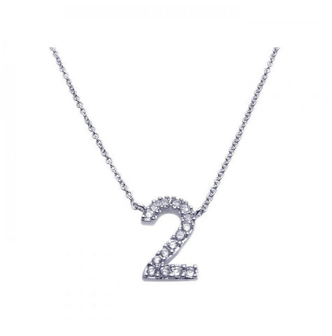 .925 Sterling Silver Rhodium Plated Clear Cz Number 2 Pendant Necklace