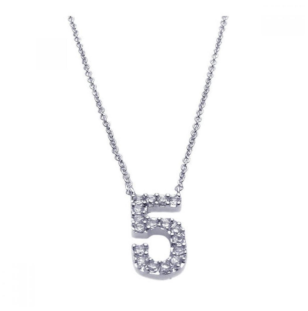 .925 Sterling Silver Rhodium Plated Clear Cz Number 5 Pendant Necklace