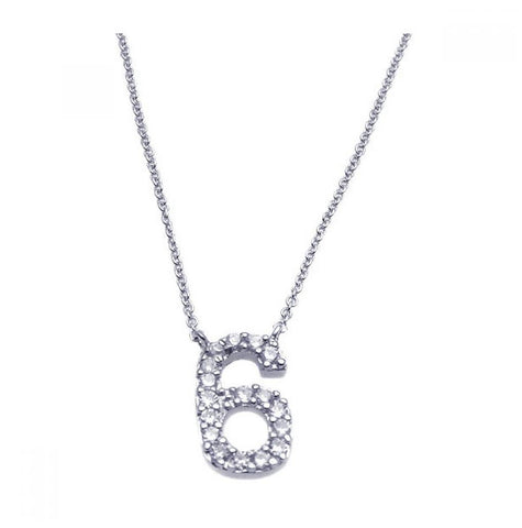 .925 Sterling Silver Rhodium Plated Clear Cz Number 6 Pendant Necklace