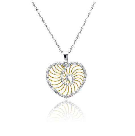 .925 Sterling Silver Rhodium Plated Clear Cz Heart Gold Plated Swirl Pendant Necklace