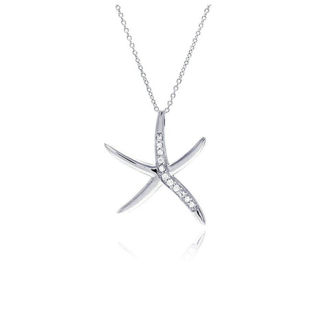 .925 Sterling Silver Rhodium Plated Clear Cz Starfish Pendant Necklace