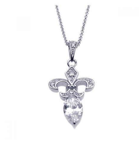 .925 Sterling Silver Rhodium Plated Clear Cz Flor De Lis Pendant Necklace