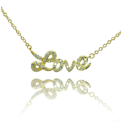 .925 Sterling Silver Gold Plated Clear Cz Love Pendant Necklace