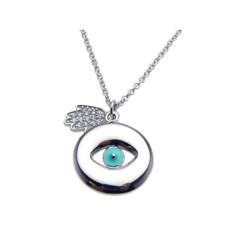 .925 Sterling Silver Rhodium Plated Clear Cz Evil Eye Hamsa Pendant Necklace