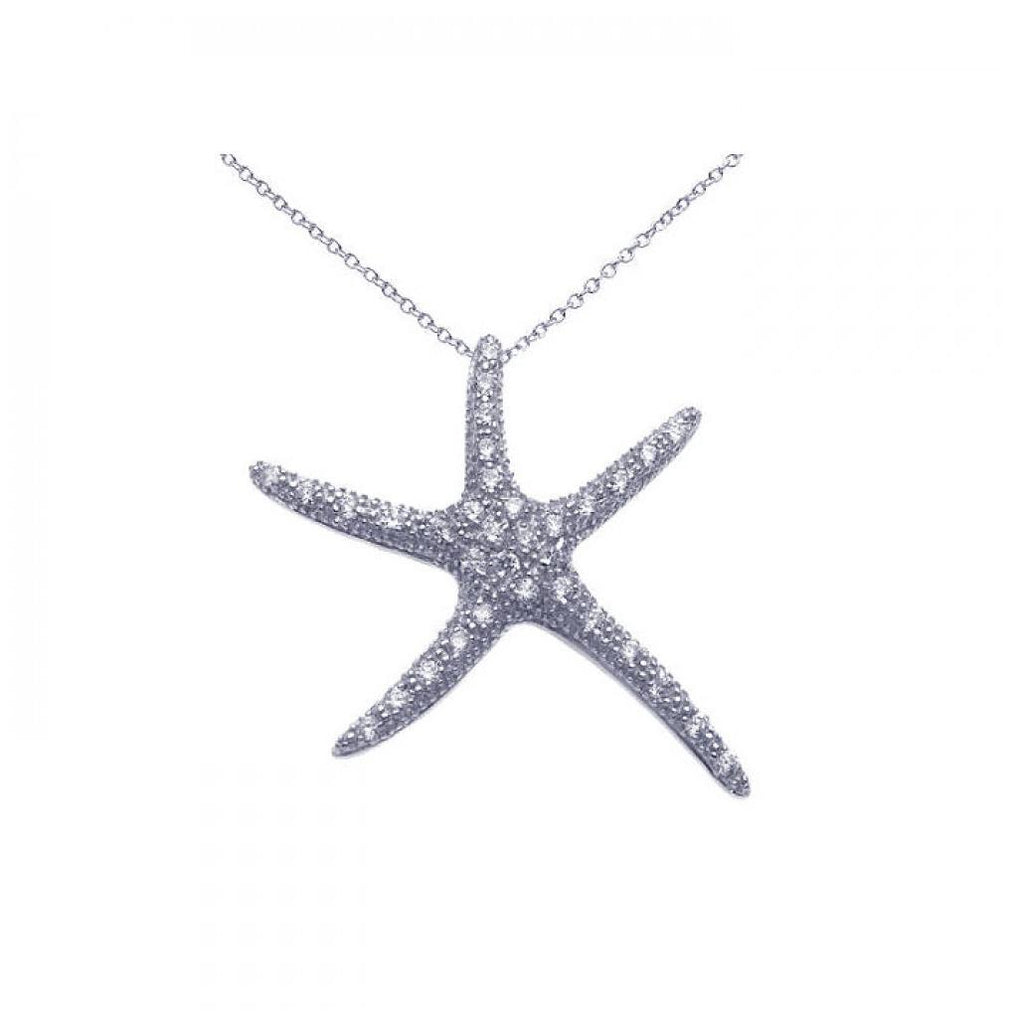 .925 Sterling Silver Rhodium Plated Clear Cz Starfish Pendant Necklace