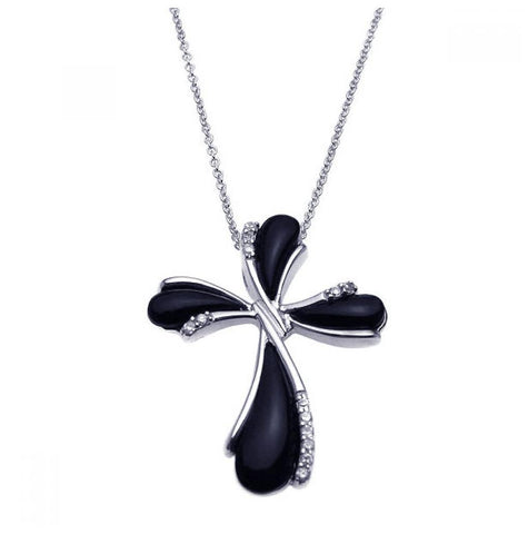 .925 Sterling Silver Rhodium Plated Clear Cz Black Pear Cross Pendant Necklace -stp00890