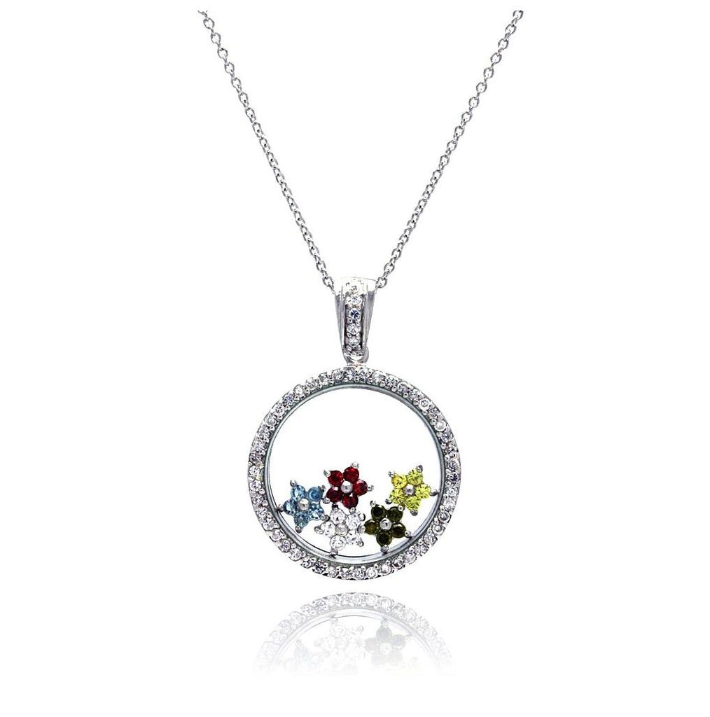 .925 Sterling Silver Rhodium Plated Clear Cz Circle Colorful Stars Pendant Necklace