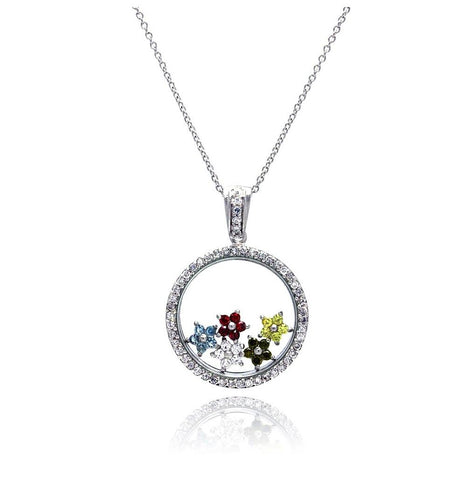 .925 Sterling Silver Rhodium Plated Clear Cz Circle Colorful Stars Pendant Necklace