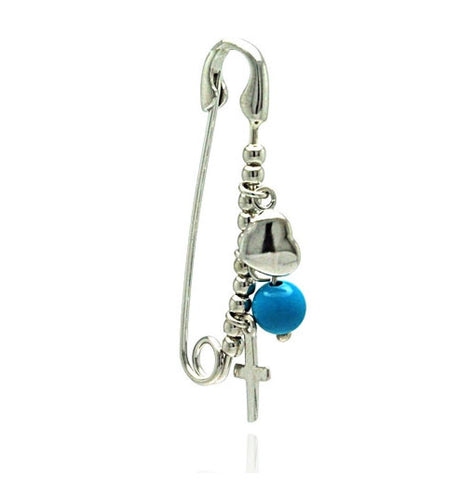 .925 Sterling Silver Rhodium Plated Cross, Heart And Blue Bead Pin