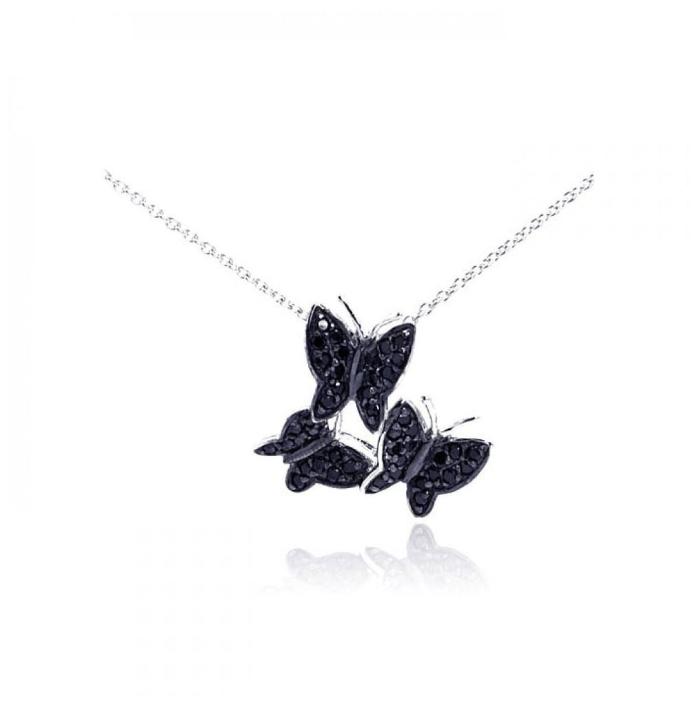 .925 Sterling Silver Rhodium Plated Black Cz Butterfly Pendant Necklace